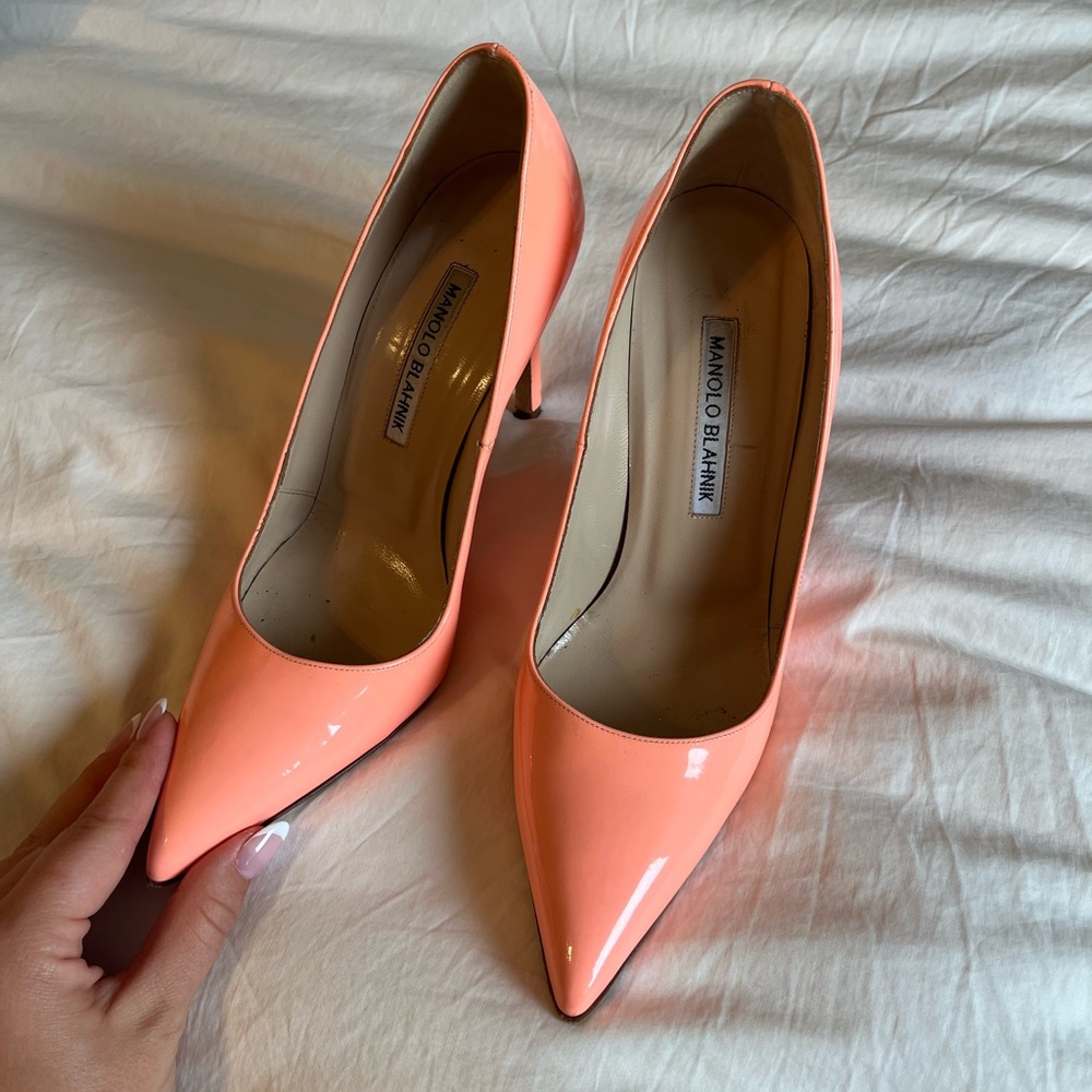 Manolo Blahnik “BB” Pointy-Toe Pumps in Coral 2014 Resort Collection